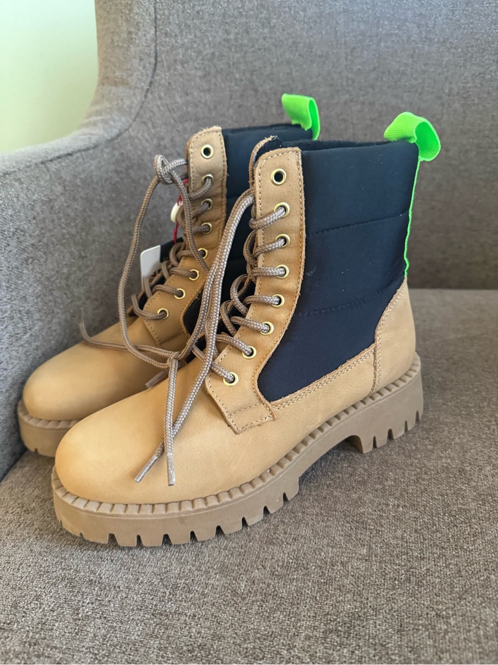 Pajar Tan and Black Lace-Up Combat Boots with Neon Green Pull Tabs